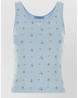 Prada Stretch Cotton Tank Scoop Neck Floral - Blue