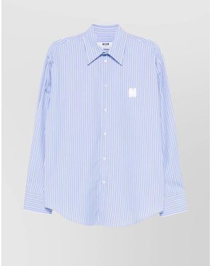 MSGM Logo Cotton T-Shirt With Striped Cuffed Sleeves - Blue