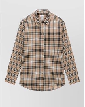 Burberry Checkered Long Sleeve Shirt Curved Hem Regular Fit - Natural