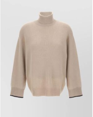 Brunello Cucinelli Ribbed Trim Cashmere Knit Jumper - Natural