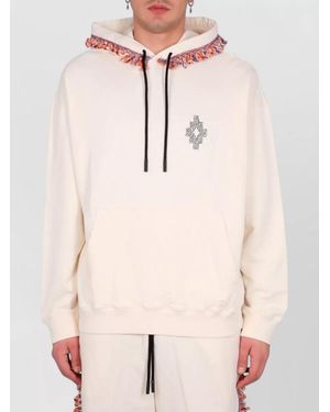 Marcelo Burlon Hooded Sweatshirt Fringe Embroidery Front Pocket - Natural