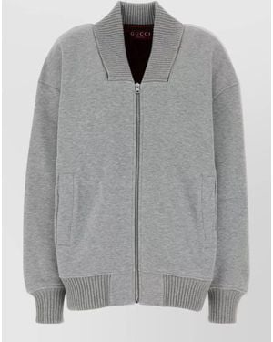 Gucci Cotton Blend Bomber Jacket Ribbed Trims - Grey