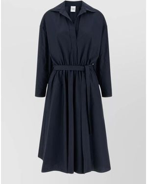 Nude Shirt Dress Midi Length Pleated Skirt Tie - Blue