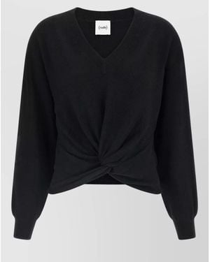 Nude Cashmere Wool Fine-Knit V-Neck Knot Sweater - Black