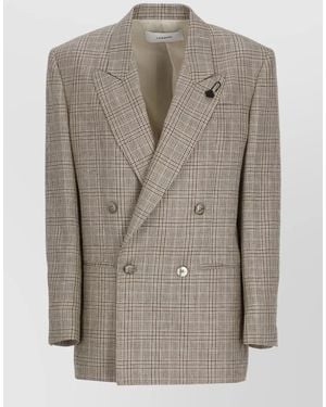 Lardini Longline Double Breasted Checked Wool Linen Jacket - Grey