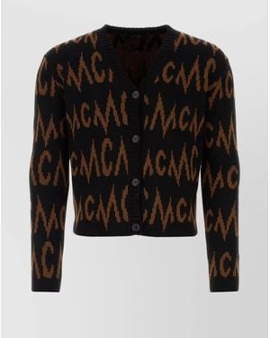 MCM Embroidered Ribbed Oversized V-Neck Cashmere Cardigan - Black