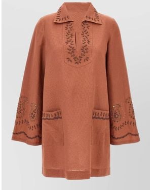 Fortela Genevieve Shirt Dress Embroidered Front Pockets - Brown