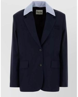 Miu Miu Wool Blazer Tailored Notched Lapel Front Pockets - Blue