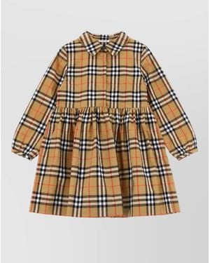 Burberry Cotton Checked Long-Sleeve Knee-Length Dress - Metallic