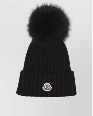 Moncler Wool Hat Folded Cuff Detachable Fur Pompom - Black