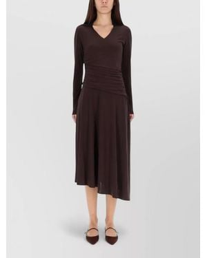 Tory Burch Midi Dress Ruched Skirt V Neckline - Red