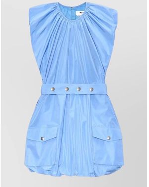 MSGM Silk Nylon Dress Pleated Belted Cap Sleeves - Blue