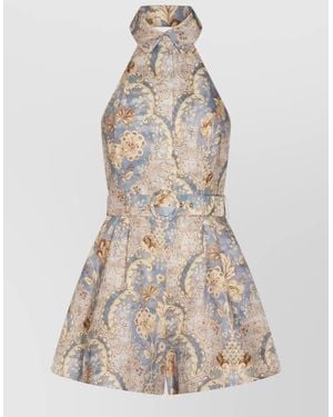 Zimmermann Daytime Floral Halterneck Playsuit Open Back - Natural