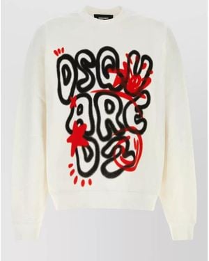 DSquared² Cotton Sweatshirt Graphic Print Ribbed Cuffs Hem - White