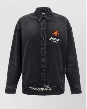 KENZO Long Sleeve Shirt Curved Hem Yoke - Blue