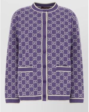Gucci Embroidered Cotton Cardigan Ribbed Cuffs Hem Pockets - Purple