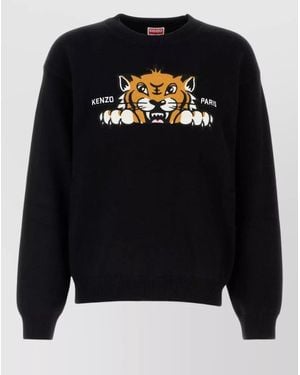 KENZO Wool Blend Jumper Graphic Print Ribbed Cuffs Hem - Blue