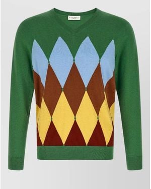 Ballantyne Argyle Knit V Neck Long Sleeve Sweater - Green