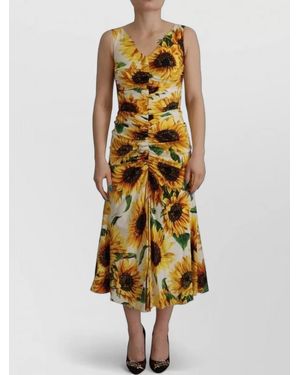Dolce & Gabbana Sunflower Print Silk Sheath Midi Dress - Metallic
