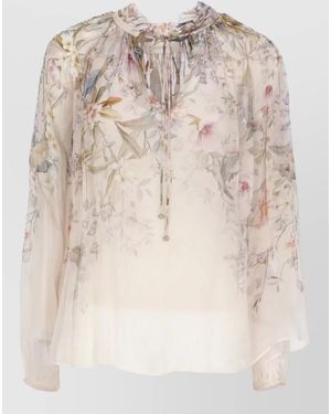 Zimmermann Floral Blouse Drawstring Detail Balloon Sleeves - Natural