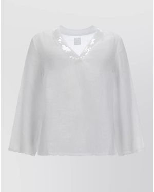 120% Lino V Neck Shirt Long Sleeves Sequins Sheer - White