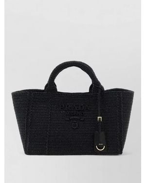 Prada Crochet Raffia Effect Rectangular Shopping Bag - Black