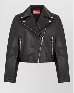 DIESEL Leather Cropped Mandarin Collar Jacket - Black