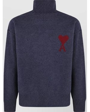 Ami Paris Wool Funnel Neck Sweater - Blue