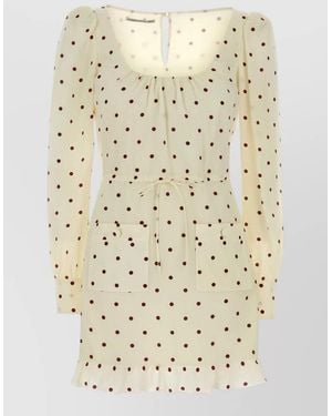 Alessandra Rich Silk Mini Dress Polka Dots Drawstring Waist - Natural