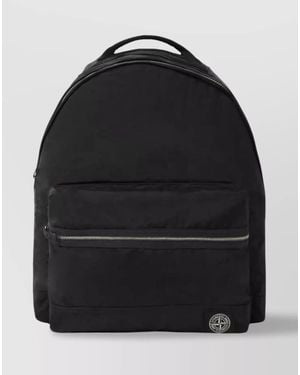 Stone Island Adjustable Strap Logo Backpack With Multiple Pockets - Black