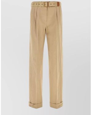 Miu Miu Cotton Tailored Trousers Belt Loops Back Pockets - Natural