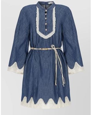 Zimmermann Belted Denim Dress Long Sleeves Scalloped Hem - Blue
