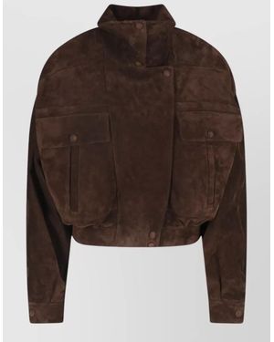 Saint Laurent Cropped Suede Coat Featuring Buttoned Pockets - Brown