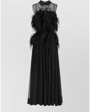 Alberta Ferretti Silk Chiffon Feather-Embellished Sleeveless Maxi Dress - Black