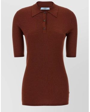 Prada Stretch Cotton Polo Ribbed Knit Shirt - Brown