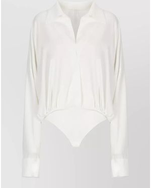 Norma Kamali Oversized V-Neck Shirt Bodysuit - White