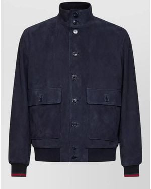 Gucci Suede Bomber Jacket Stand Collar Pockets - Blue