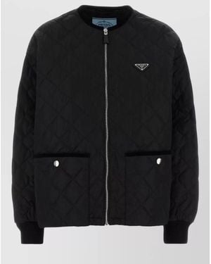 Prada Quilted Polyester Jacket Front Pockets Ribbed Cuffs - Black