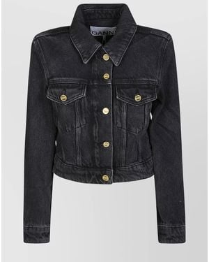 Ganni Textured Denim Crop Jacket With Flap Pockets - Black