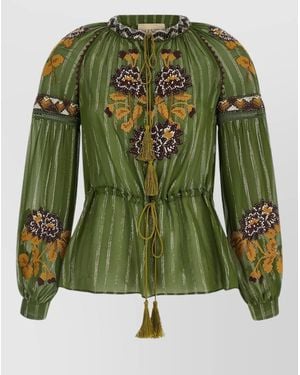Valentino Garavani Silk Lurex Shirt Floral Embroidery Stripes - Green