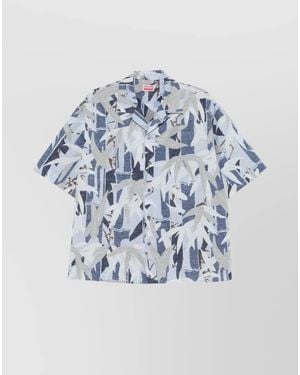 KENZO Cotton Linen Camp Collar Short Sleeve Shirt - Blue