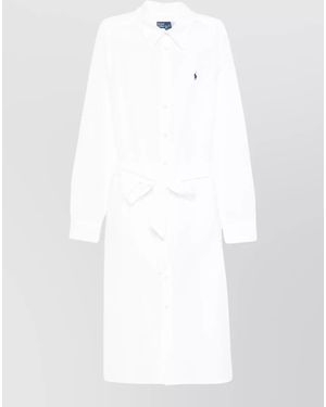 Polo Ralph Lauren Cotton Linen Long Sleeve Belted Shirt Midi Dress - White