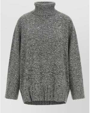Pinko Crystal Embellished Turtleneck Relaxed Knit Sweater - Gray