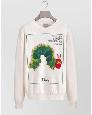 Dior Crew Neck Knit Top Graphic Embroidery - White