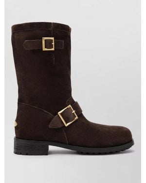Jimmy Choo Mid Calf Boots Block Heel Buckle Detail - Black