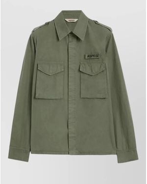Aspesi Field Shirt Jacket Epaulettes Buttoned Cuffs Pockets - Green