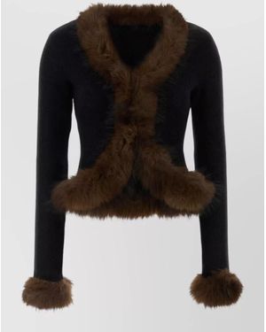 Self-Portrait Cropped Faux Fur Knit Cardigan - Black