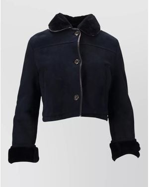 LA ROSE Shearling Leather Cropped Jacket Furry Collar - Blue