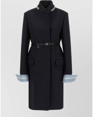 Prada Crystal Collar Wool Coat Layered Cuffs - Blue