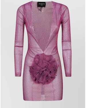 Santa Brands Flower-Appliqué V-Neck Long-Sleeve Mini Dress - Pink